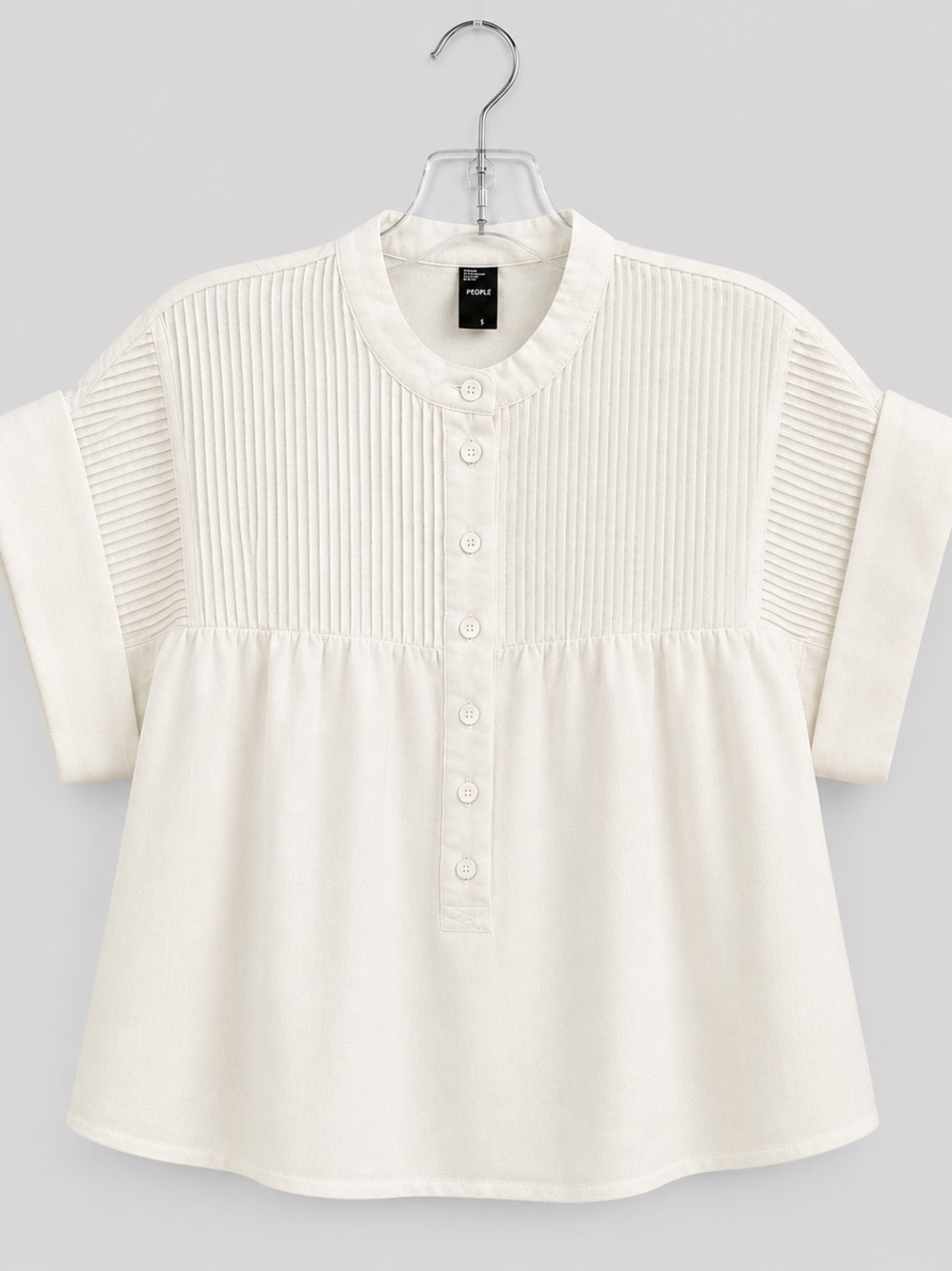 Cider Ribbed Yoke Button-Front Short Sleeve Top - Cream Linen Blend Boxy - Picture 3 of 7